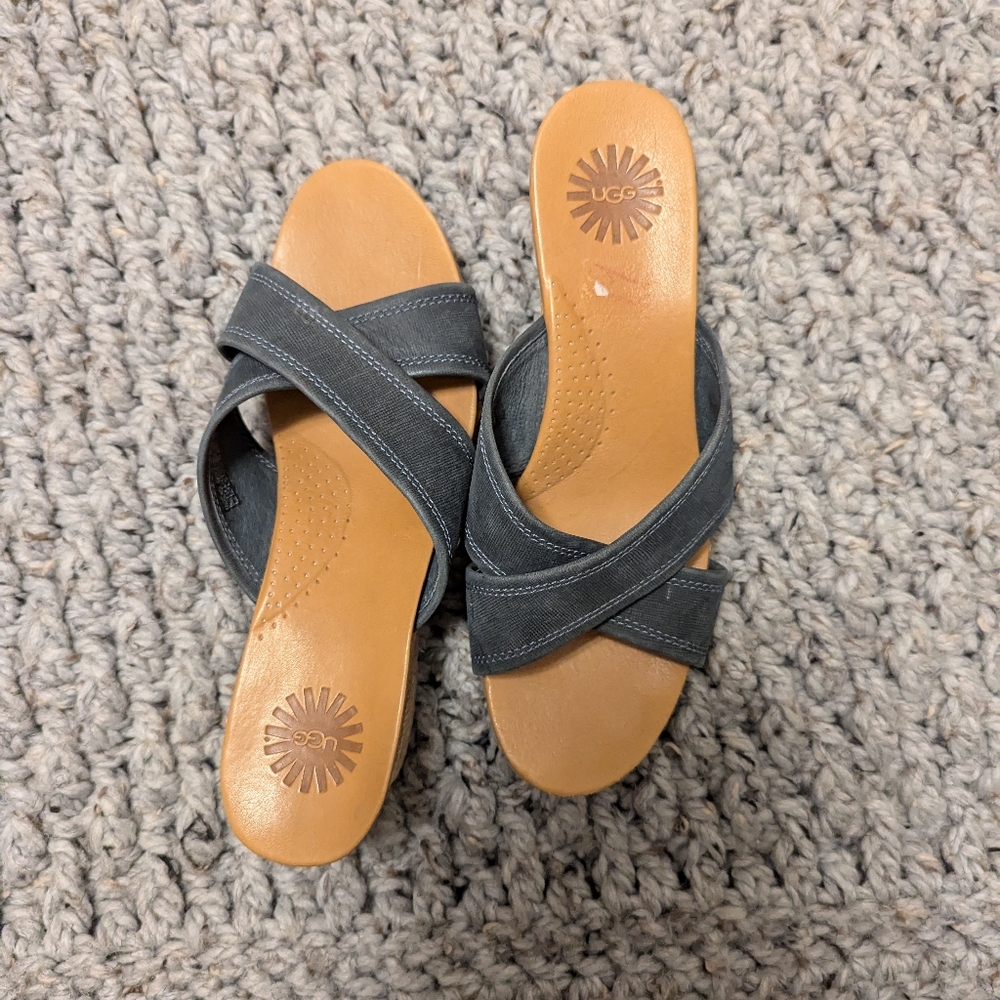 UGG Crisscross Slide Sandals in Dark Gray with Tan Footbed